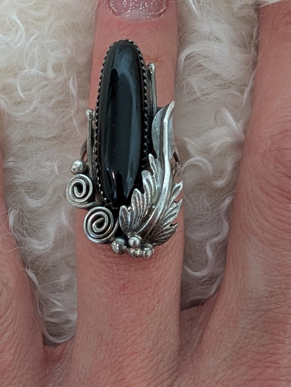 Navajo Style Sterling Silver & Black Onyx Long Statement Ring